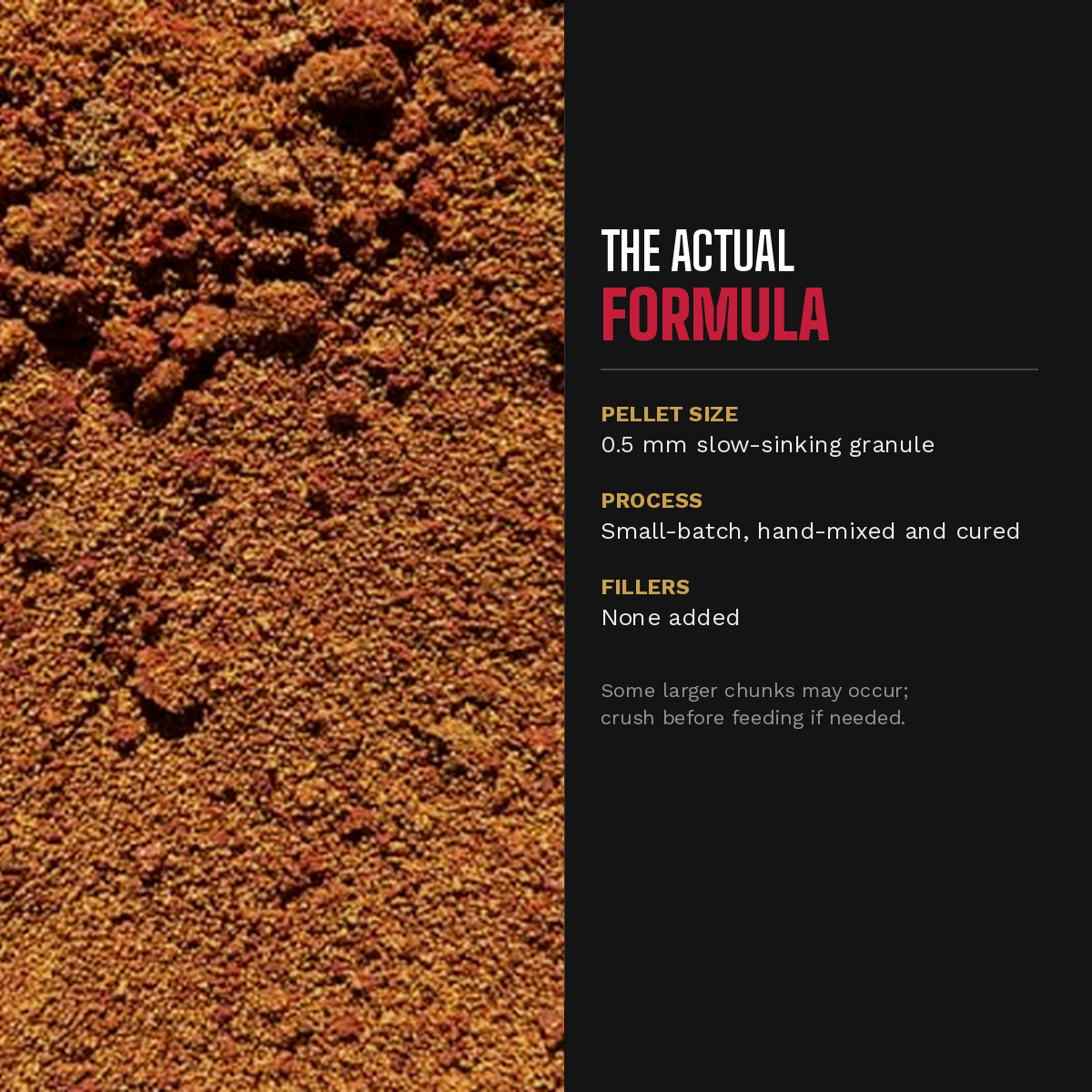 Close up of Scarlet red color enhancing sinking pellet fish food texture