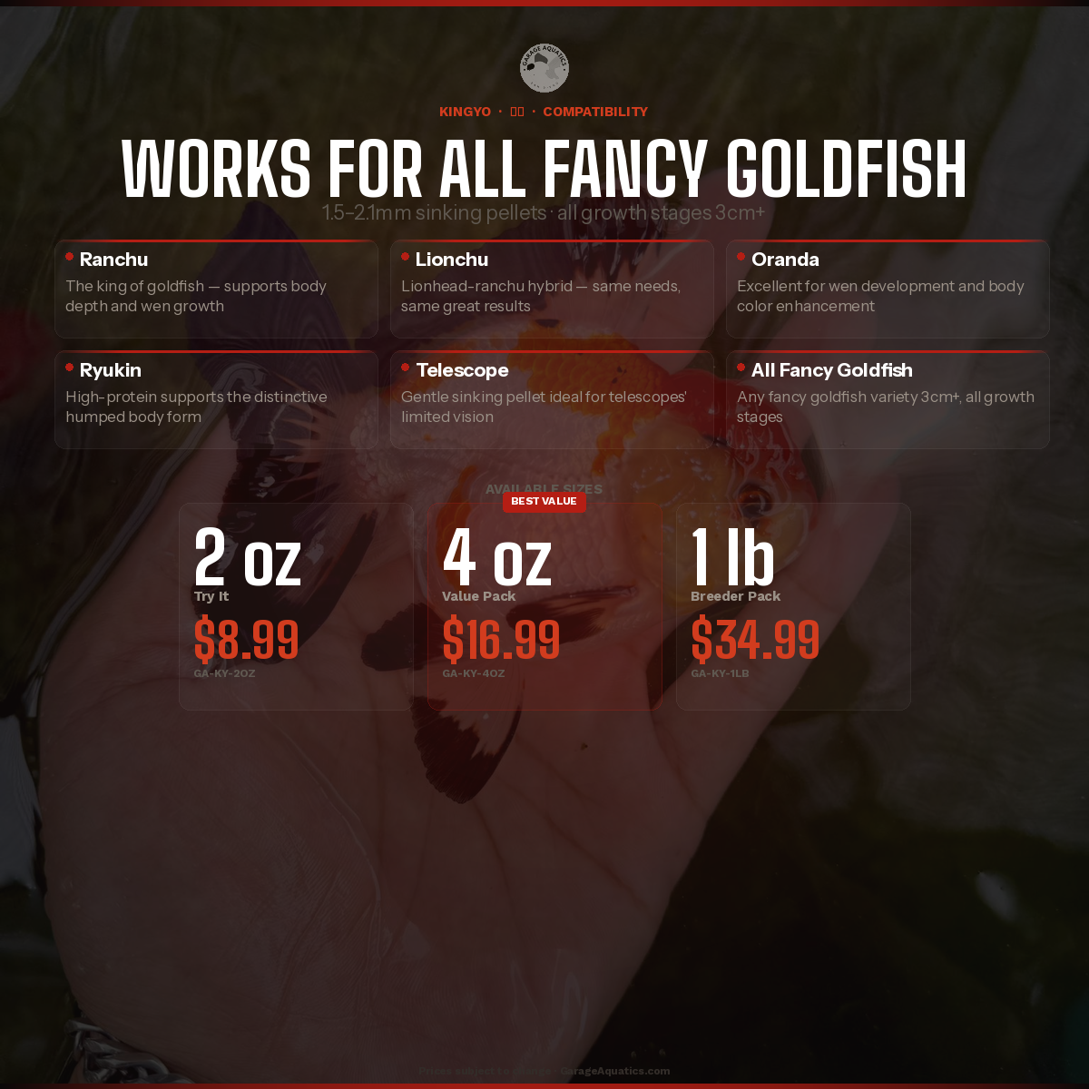 Kingyo 金魚 | Premium Goldfish Food | Sinking Pellet | Head Growth + Color | Krill Meal + Astaxanthin | Garage Aquatics